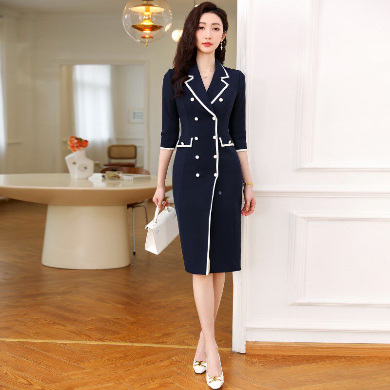 2025夏季新款黑色收腰气质连衣裙女修身显瘦西装裙时尚修身双排扣