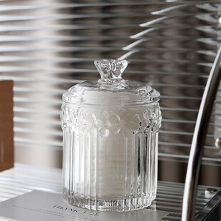 米诺 爱心花朵透明浮雕玻璃罐糖果罐 棉花棒棉签收纳罐家用储物罐
