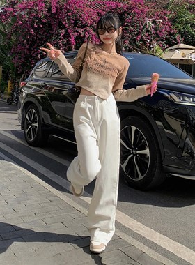 KRO复古高腰宽松阔腿裤2024新款白色百搭垂感直筒裤牛仔裤女