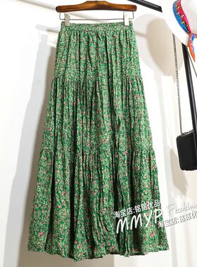 大摆孔雀绿色碎花半身裙女夏2025新款小个子裙子雪纺百褶长裙花裙