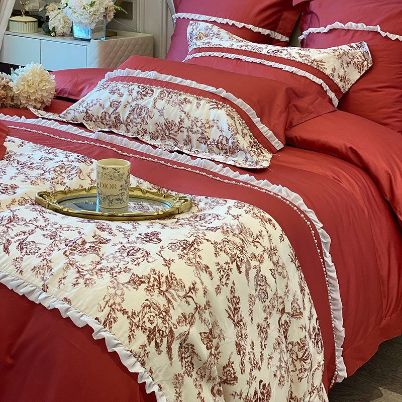 法式100S长绒棉婚庆四件套公主风花边被套纯棉结婚用陪嫁床上用品