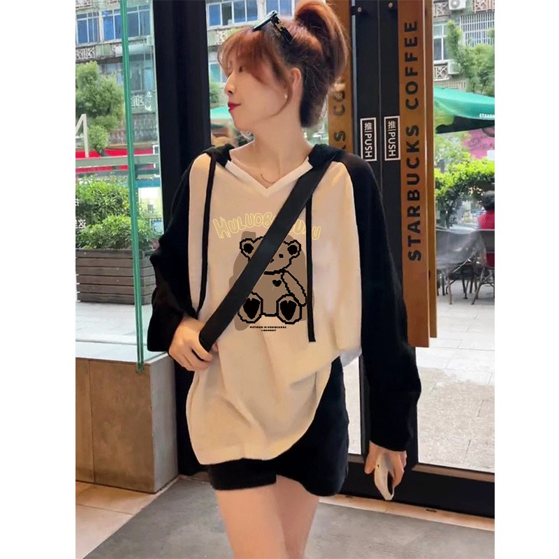 早秋拼接撞色纯棉V领长袖T恤女春秋大码洋气打底衫插肩袖连帽上衣