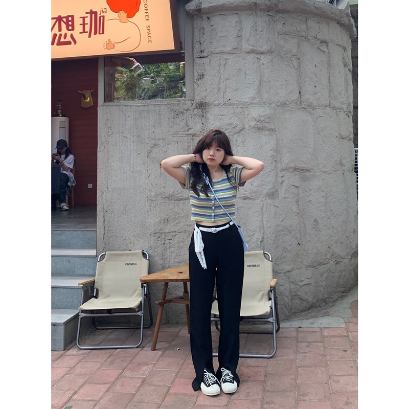 米米子微胖C位腿精百搭显瘦高腰凉感西装开衩裤