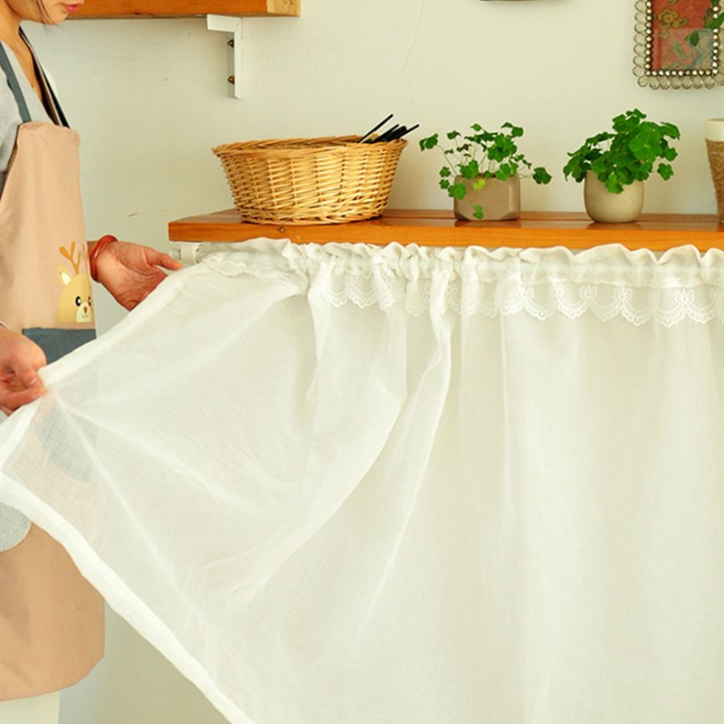 白色蕾丝遮挡帘免打孔挂布门帘柜子杂物遮挡布魔术贴美式短帘半帘