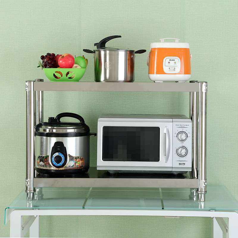 不锈钢厨房置物架两层台面微波炉架储物架烤箱落地收纳架2层包邮