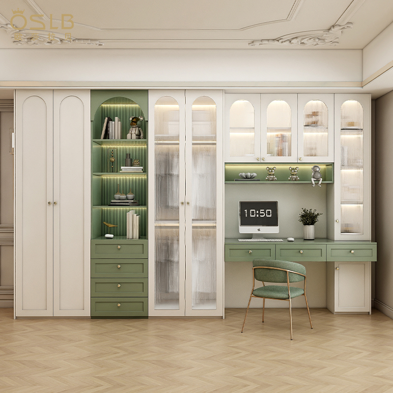 美式实木衣柜带书桌组合家用卧室轻奢法式奶油风网红大衣橱衣帽间