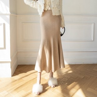 针织半身裙女秋冬季2023年新款高腰a字鱼尾裙中长款显瘦包臀裙子