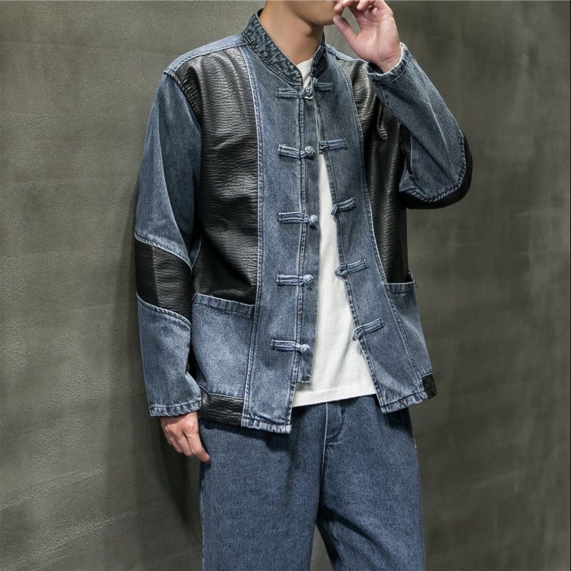 春秋2021款男套装中国风牛仔唐装复古盘扣水洗中山装两件套时尚潮