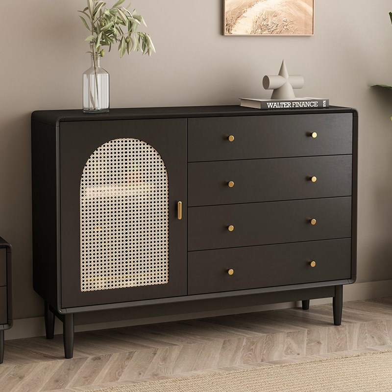 客厅收纳柜黑色斗柜小立柜藤编实木腿置物柜卧室靠墙储物柜抽屉柜