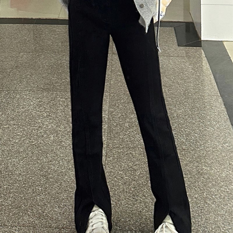 黑色微喇开叉牛仔裤女秋季新款胖妹妹mm高腰宽松显瘦直筒阔腿长裤