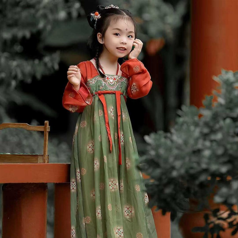 汉服女童中国风女宝宝复古儒裙唐代宫廷风连衣裙女孩敦煌风演出服