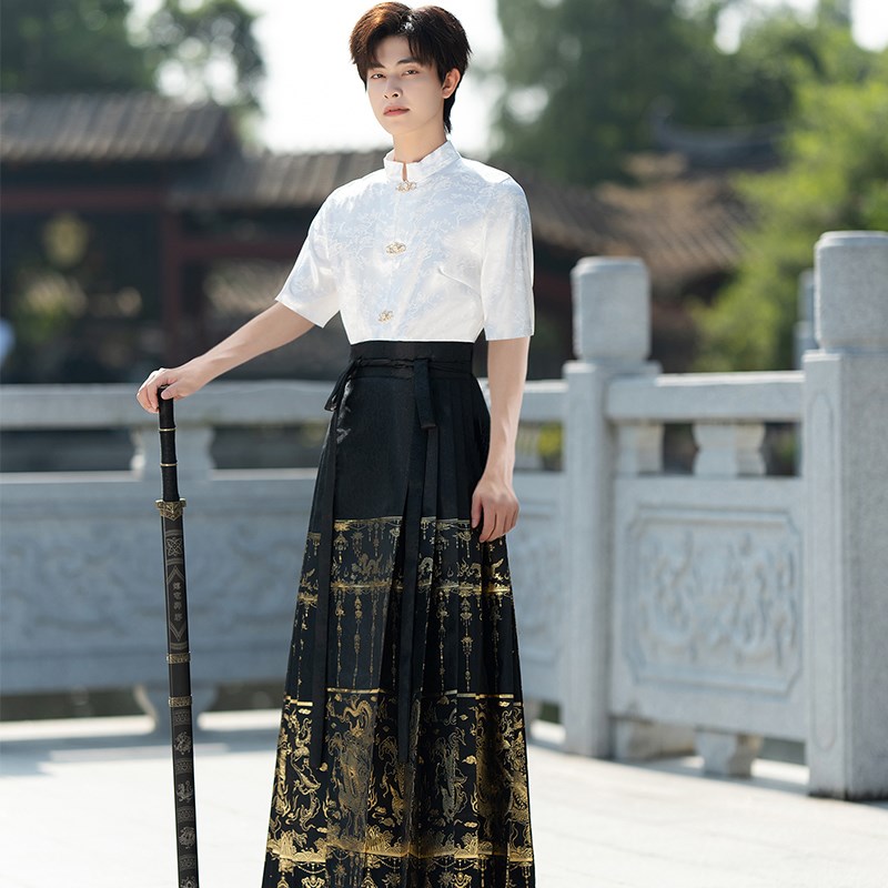 大码龙纹织金日常可穿马面裙一整套夏季上衣短袖汉服男中国风男款