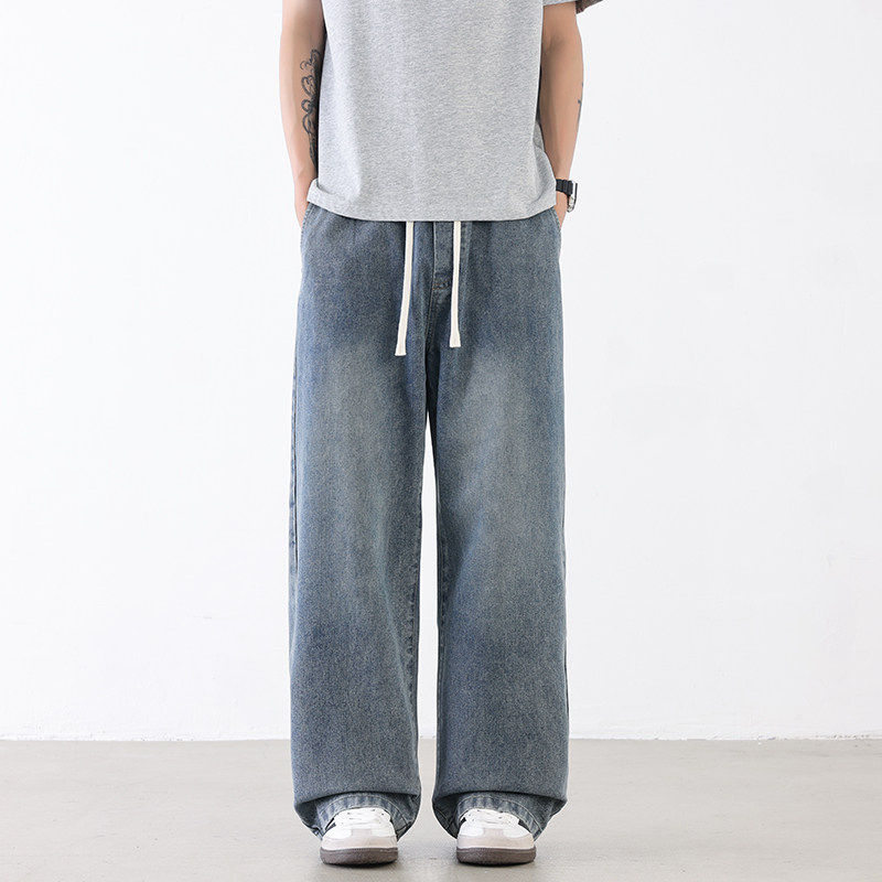 牛仔裤男士港风美式春季宽松直筒阔腿裤学生松紧腰垂感百搭长裤子