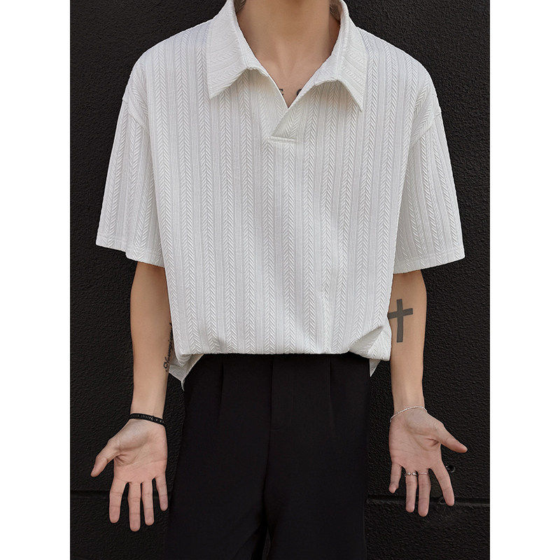 麦穗纹V领正肩老钱风polo衫夏季休闲短袖穿搭重磅T恤成熟稳重男款