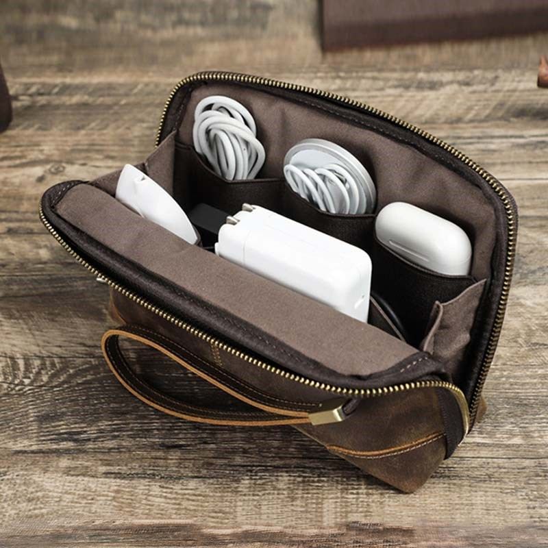 复古头层牛皮数据线蓝牙耳机收纳包配手腕带男士真皮手拿包