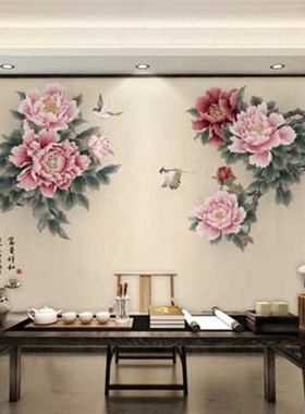 牡丹壁布古典花鸟国画墙纸客厅电视背景墙壁纸新中式墙布花开富贵