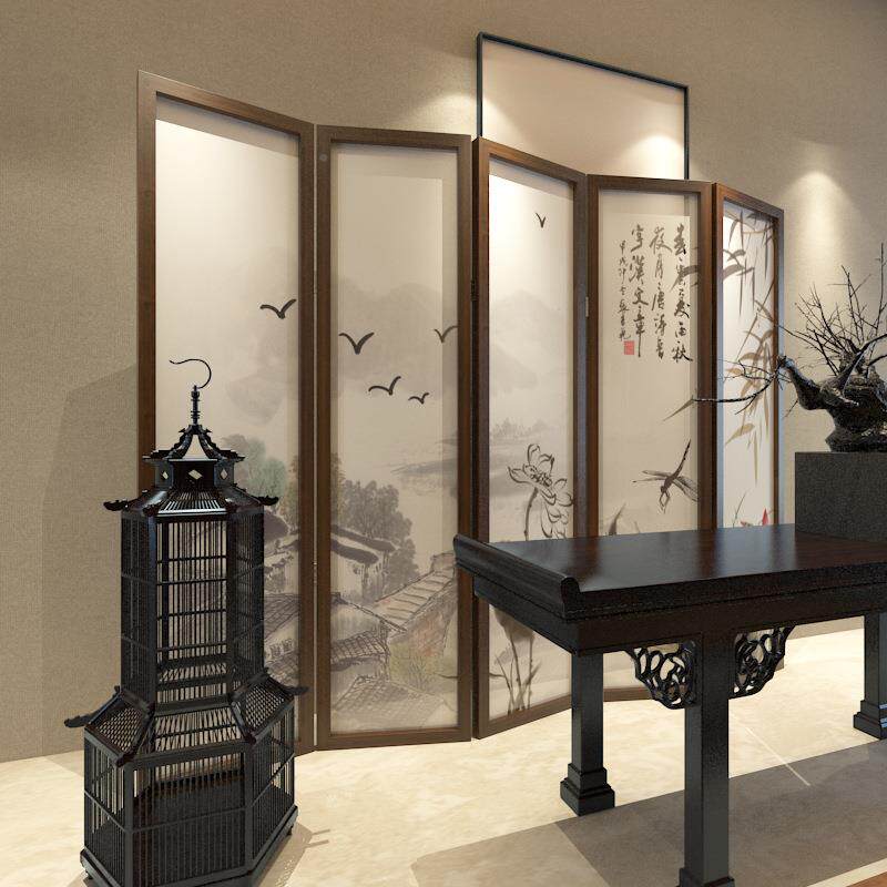 装新中式竹子荷花折叠屏店风Z4可隔断客厅移动入户遮挡酒茶室饰折