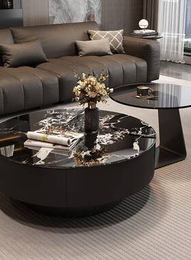 202ERW5简新款高端黑色玻璃茶客厅家用几奢极简轻现代约黑色圆形