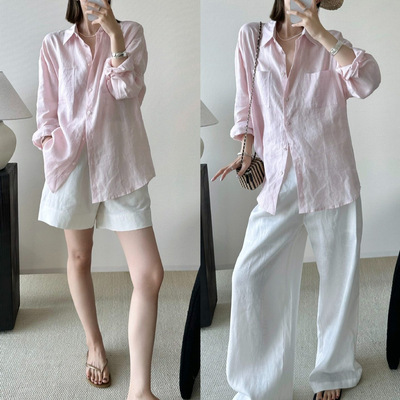 高级感亚麻长袖粉色长袖衬衫女上衣外套宽松棉麻防晒衬衣