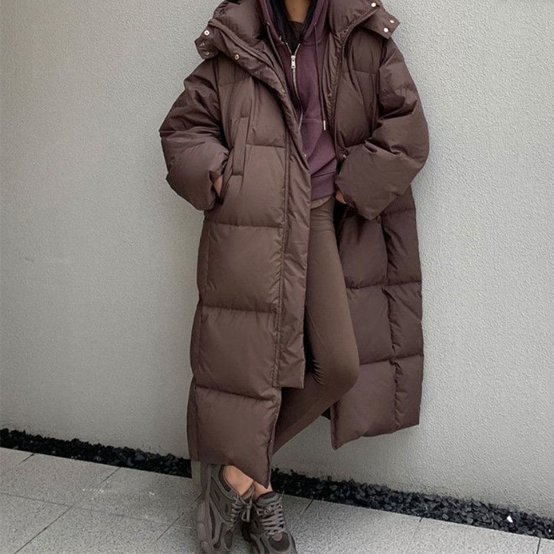 2025春季时尚新款美拉德中长款过膝棉服女连帽宽松御寒保暖外套潮