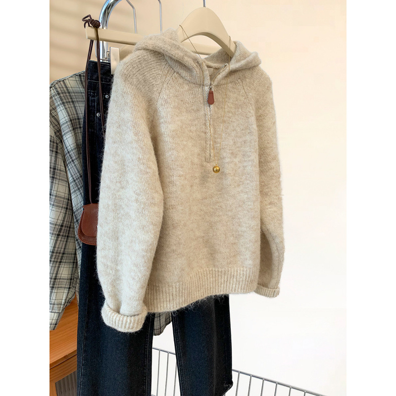 KANING半拉链套头连帽毛衣女秋新款慵懒风软糯打底上衣加厚针织衫