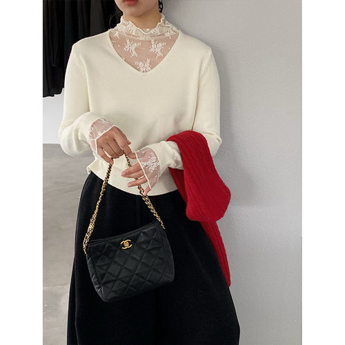 江左 白色V领假两件蕾丝打底衫女内搭2025秋季新款设计感毛衣2556