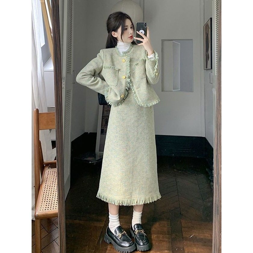 气质名媛小香风套装裙春春秋新款高级感温柔韩剧外套半身裙两件套