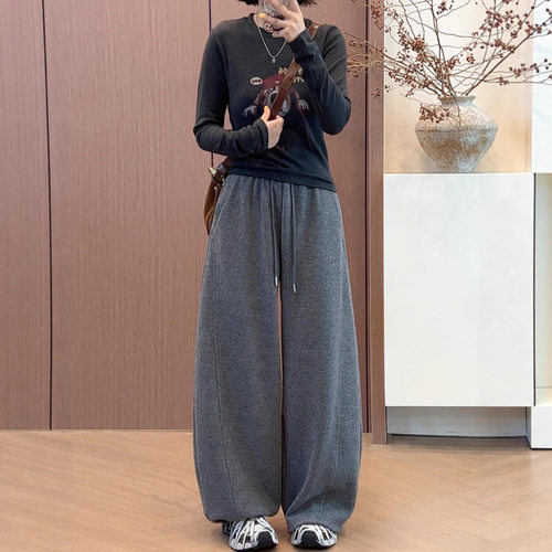 加绒加厚遮胯休闲弯刀阔腿裤女2025秋冬新款高腰显瘦直筒束脚卫裤