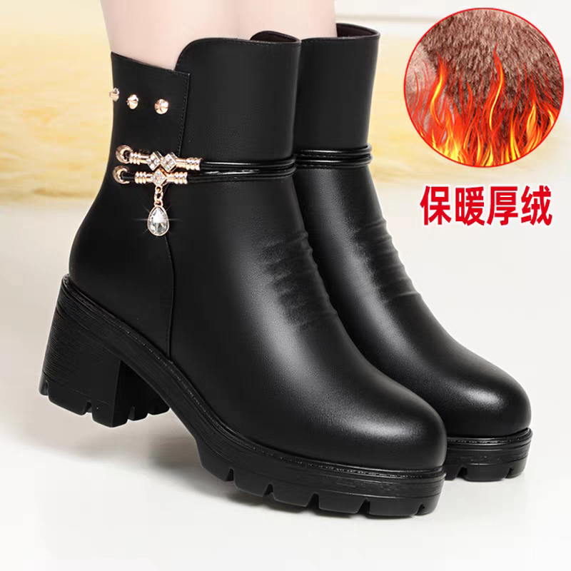 保暖中老年妈妈中年粗跟短靴棉鞋女靴加绒棉靴皮鞋厚底靴子秋冬季