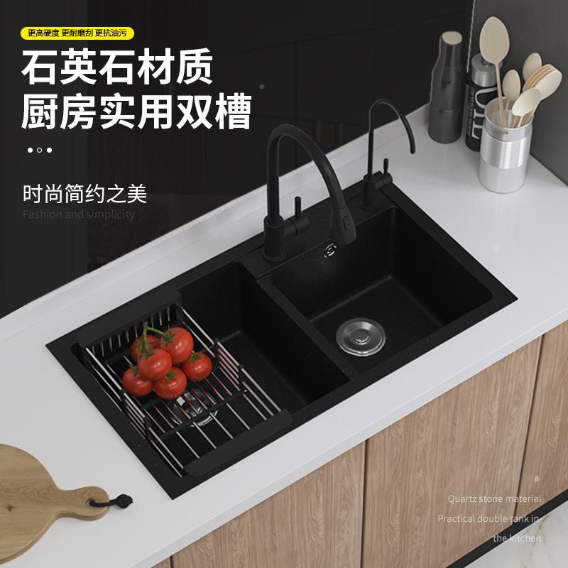 厂直供英水槽大双槽套餐厨石房洗双槽7240菜盆家用加家厚花岗石岩