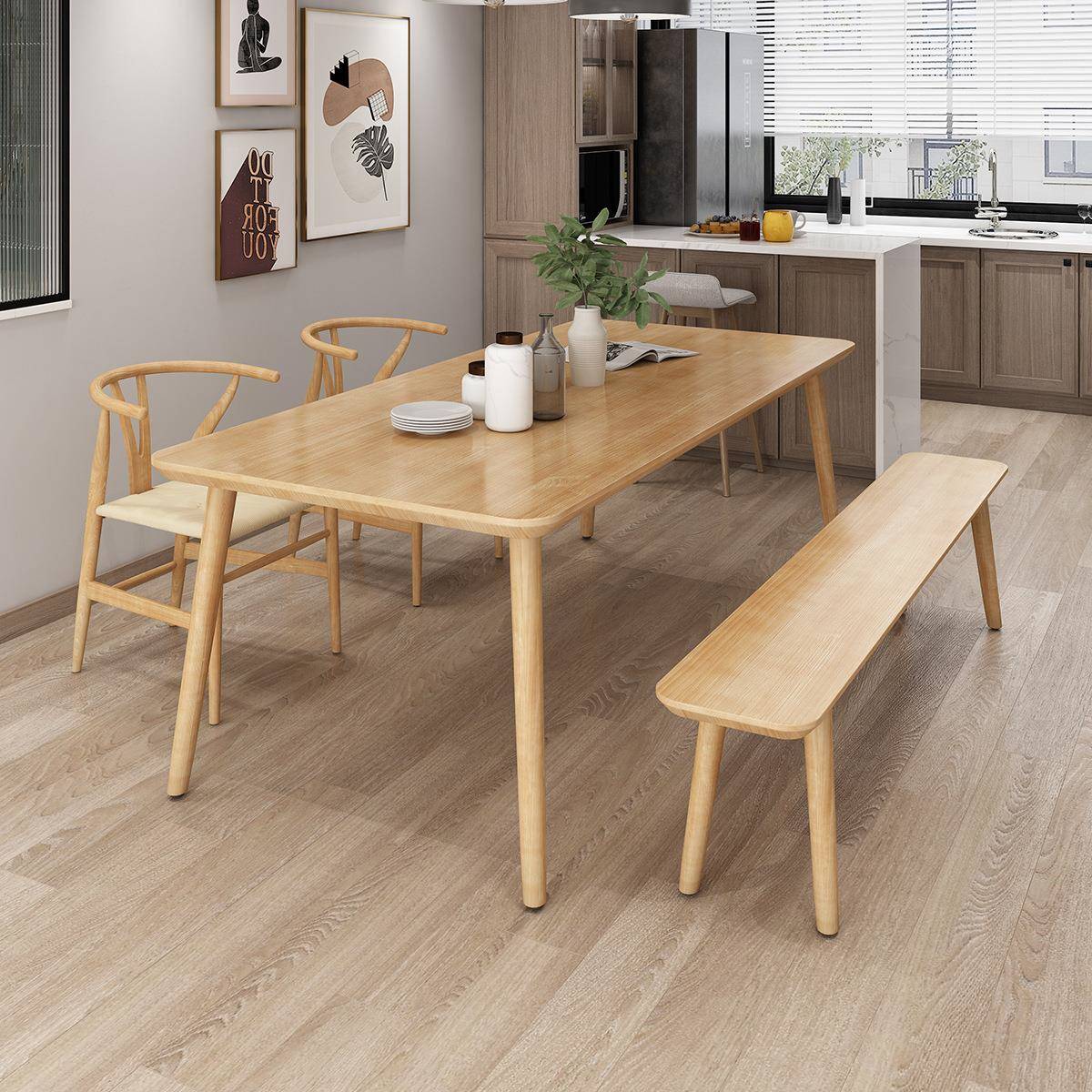 简北欧全约实木餐桌椅组合家用小型长条多人位桌纯实户92458木吃