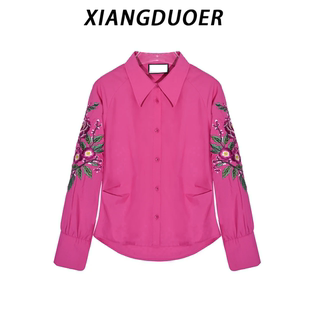 简约百搭刺绣长袖翻领衬衫女2026年新款春秋季小众设计感衬衫外套