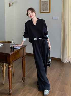 入秋穿搭一整套黑色卫衣套装女秋季2025新款超火休闲阔腿裤两件套