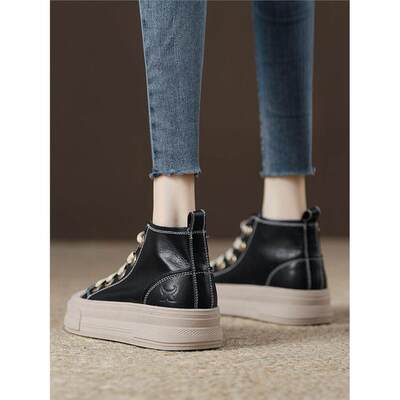 秋季黑色真皮运动休闲靴女靴2023新厚底平台高帮女鞋