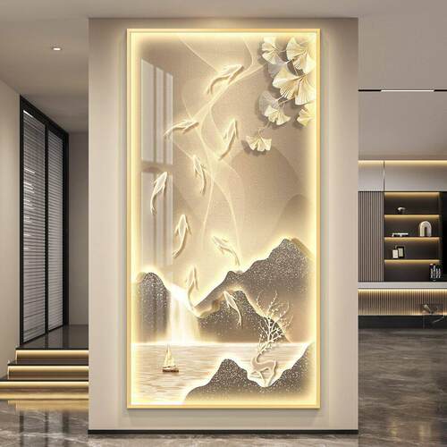 九鱼图轻奢led灯入户玄关装饰画走廊过道挂画壁画简约现代高级感
