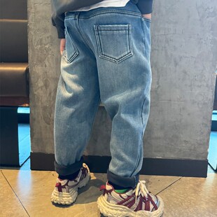 男童加绒牛仔裤子浅蓝小脚裤厚2024冬季新款宝宝小中大潮儿童长裤