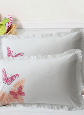 出口白色卡通枕套纯棉可爱公主荷叶边绣单人枕头套一对装家用春秋