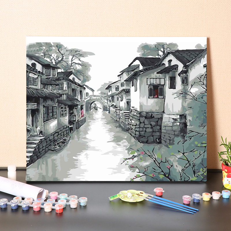 数字油画diy填充鱼米之乡手工填色烟雨江南小镇风景油彩丙烯画画