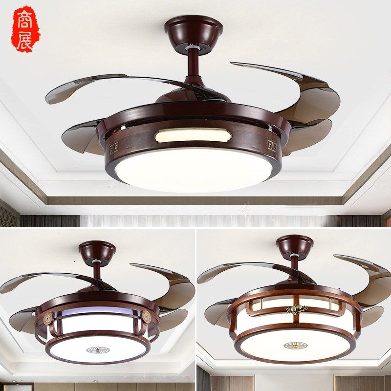 新中式客厅吊扇灯简约古典变频隐形风扇灯餐厅卧室饭厅木艺吊灯