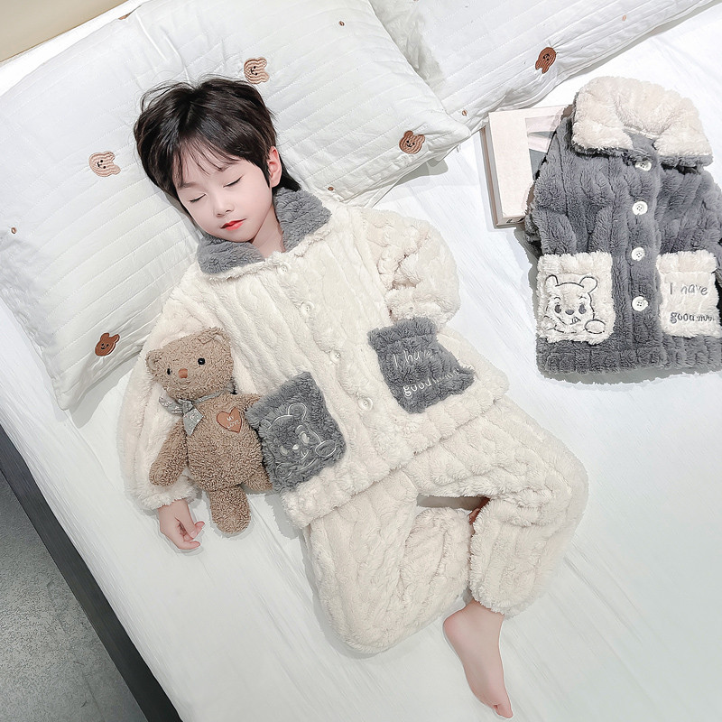 男童睡衣儿童珊瑚绒秋冬加厚男孩家居服冬季保暖男宝宝法兰绒套装