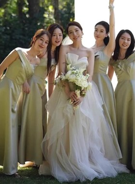 欢喜橙【浅茉】胖mm新款绿色伴娘服缎面裙显瘦主持人艺考合唱服夏