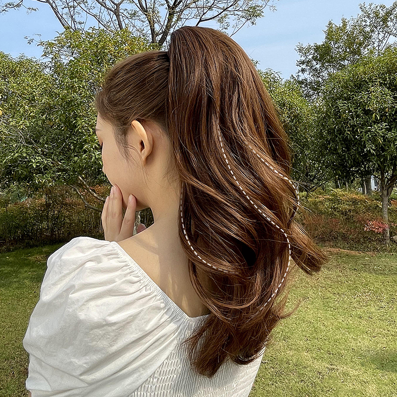 真发马尾假发女长发抓夹真人发丝网红高马尾辫绑带式自然微卷发尾