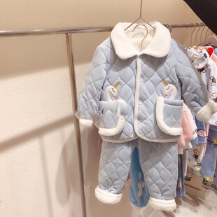 女童睡衣冬季加厚儿童卡通家居服套装女宝宝三层夹棉加绒保暖棉服