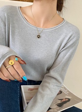 白色长袖针织衫女内搭2024年新款薄款毛衣高级感宽松圆领打底上衣