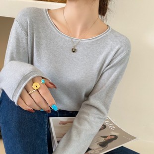 白色长袖针织衫女内搭2024年新款薄款毛衣高级感宽松圆领打底上衣