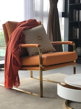 轻奢单人沙发客厅阳台休闲椅北欧设计师样板间极简单椅橙色沙发椅