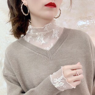 纱衣仙女内搭洋气百搭网纱上衣白 薄款 透明半高领蕾丝打底衫 女长袖