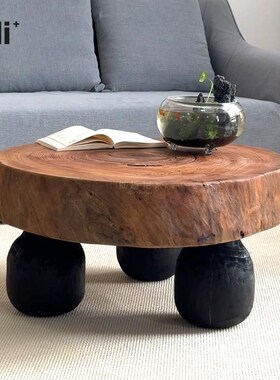 Ni尼家法式中古实木圆形茶几民宿酒店原木复古诧寂风矮桌创意桌子