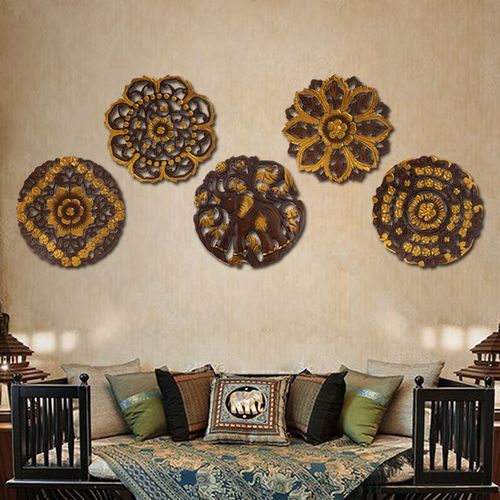 东南亚泰式风格壁式背景墙玄关装饰木雕工艺品挂件实木大象花格子