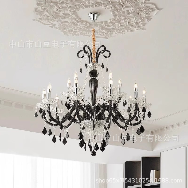 法式蜡烛吊灯客厅主灯楼梯水晶餐厅灯2024年新款黑色复古卧